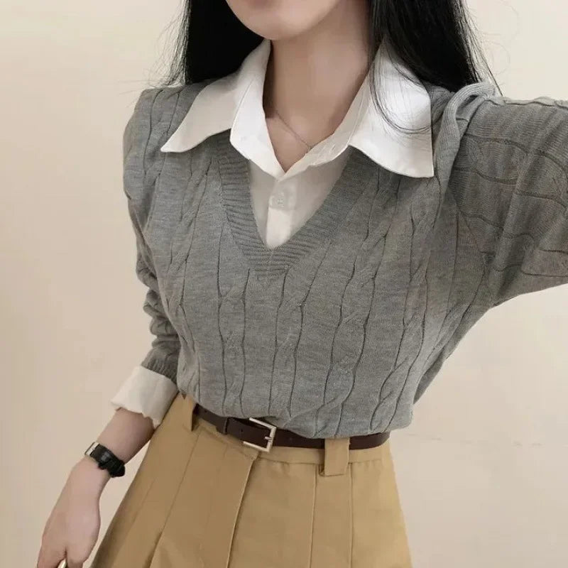 Korean Chic Spring and Autumn Age-Reducing Sweaters Retro Temperament Preppy Fake Two Pieces Shirts Twist Knit Women'S Y2K Tops