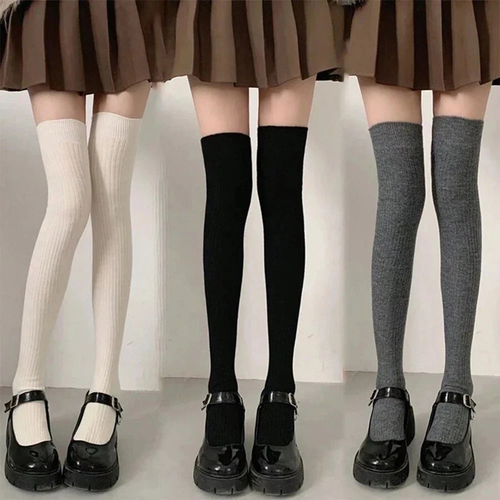 1/3 Pairs Women Classic Striped Knee High Stockings Fashionable Versatile Black White Gray Solid Color Comfortable Stockings 