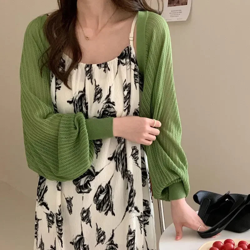 French Ice Silk Knitted Sun-Proof Cardigan Top Women'S Summer Thin Jacket Waistcoat Suspender Skirt Shawl Outer Match Blouse