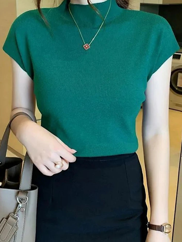 Women Summer Sexy Knitted Turtleneck Sleeveless T-Shirts Tops Solid Slim Fit Pullovers Causal Tees Female Streetwear Basics Tees