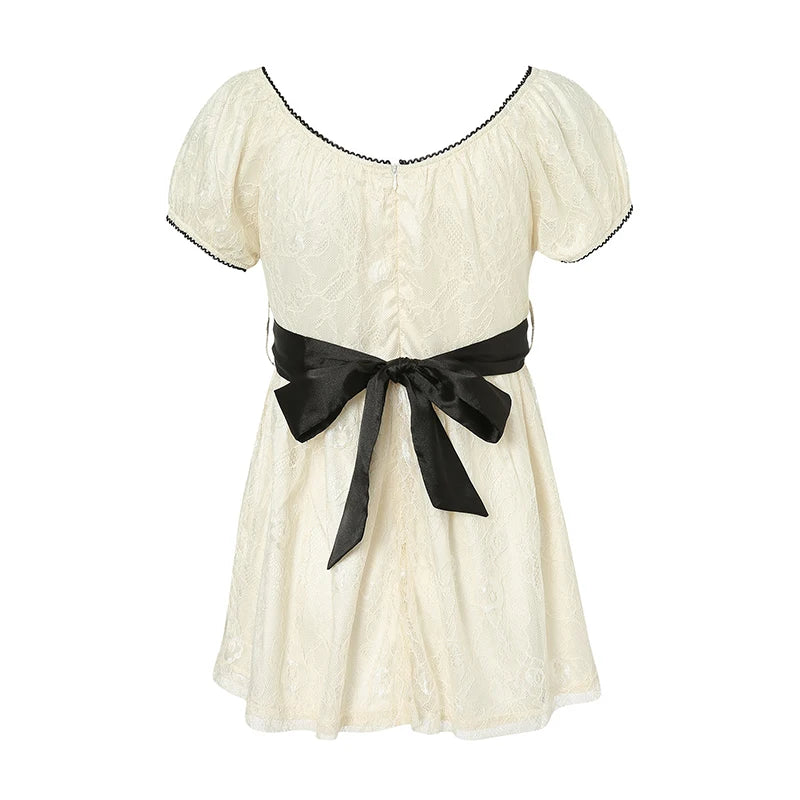 2024 Sweet Fairy Grunge Lace a Line Dresses Summer Women Patchwork Puff Sleeve Kawaii Dress 2000S Aesthetic Outfits