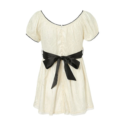 2024 Sweet Fairy Grunge Lace a Line Dresses Summer Women Patchwork Puff Sleeve Kawaii Dress 2000S Aesthetic Outfits