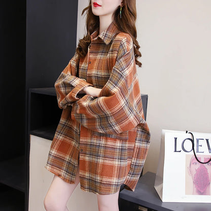 Plaid Shirt Women Autumn Long Sleeve Top Female Vintage Fashion Single Breasted Blouse Ladies Preppy Style Loose Check Shirts
