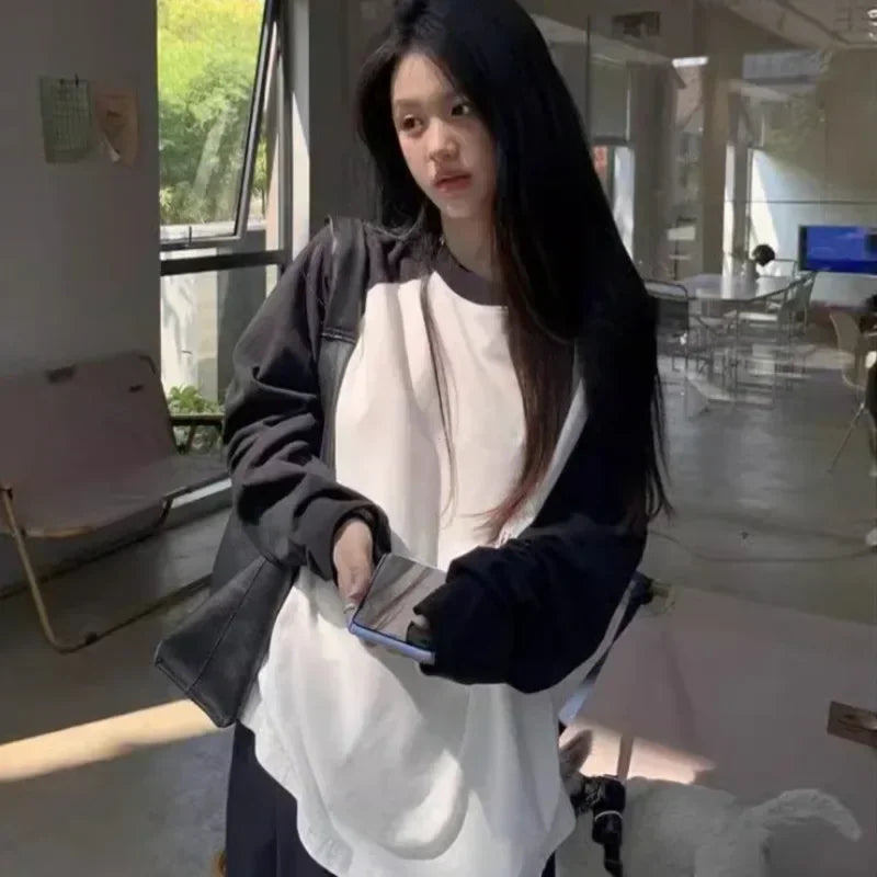 Casual Oversized T Shirt Y2K Tops Harajuku Long Sleeve O-Neck T-Shirts Spring Autumn Black White Patchwork Tees Women Streetwear
