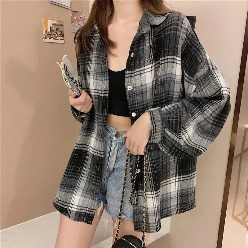 Plaid Shirt Women Autumn Long Sleeve Top Female Vintage Fashion Single Breasted Blouse Ladies Preppy Style Loose Check Shirts
