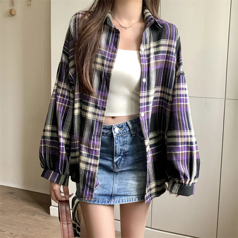 Plaid Shirt Women Autumn Long Sleeve Top Female Vintage Fashion Single Breasted Blouse Ladies Preppy Style Loose Check Shirts