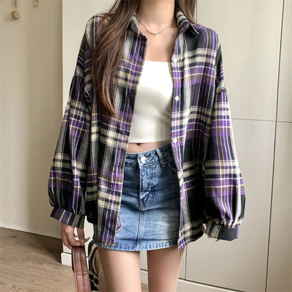 Plaid Shirt Women Autumn Long Sleeve Top Female Vintage Fashion Single Breasted Blouse Ladies Preppy Style Loose Check Shirts
