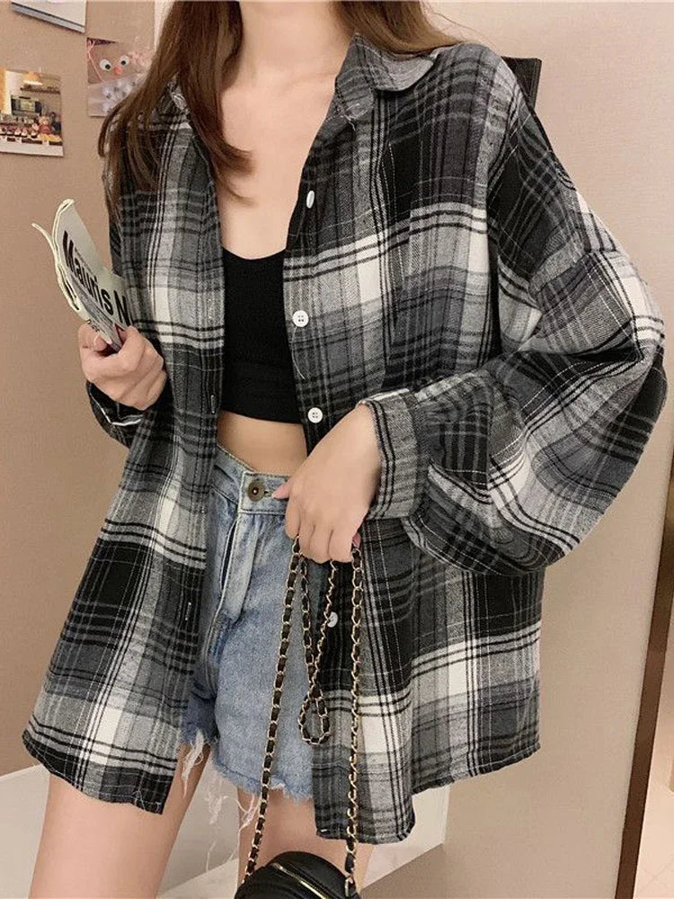 Plaid Shirt Women Autumn Long Sleeve Top Female Vintage Fashion Single Breasted Blouse Ladies Preppy Style Loose Check Shirts