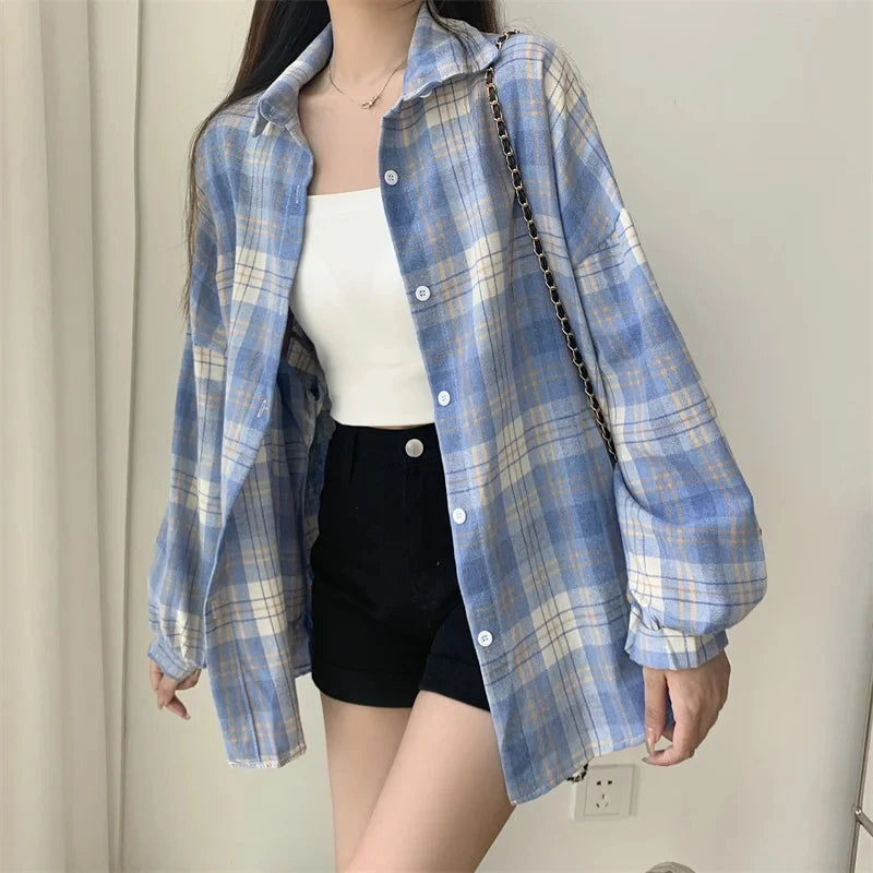 Plaid Shirt Women Autumn Long Sleeve Top Female Vintage Fashion Single Breasted Blouse Ladies Preppy Style Loose Check Shirts