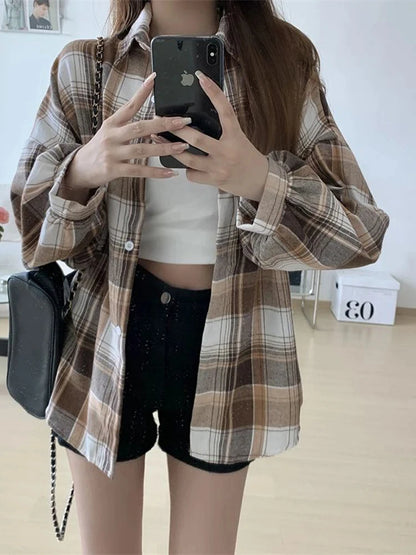 Plaid Shirt Women Autumn Long Sleeve Top Female Vintage Fashion Single Breasted Blouse Ladies Preppy Style Loose Check Shirts