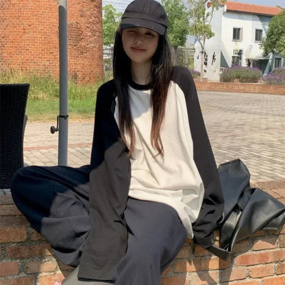 Casual Oversized T Shirt Y2K Tops Harajuku Long Sleeve O-Neck T-Shirts Spring Autumn Black White Patchwork Tees Women Streetwear