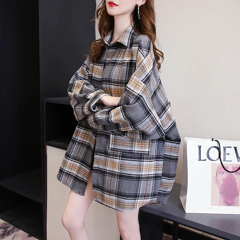 Plaid Shirt Women Autumn Long Sleeve Top Female Vintage Fashion Single Breasted Blouse Ladies Preppy Style Loose Check Shirts