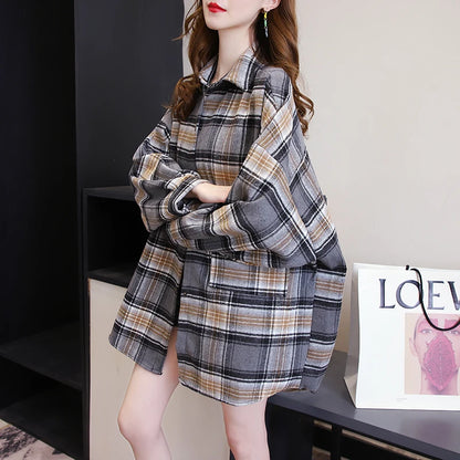 Plaid Shirt Women Autumn Long Sleeve Top Female Vintage Fashion Single Breasted Blouse Ladies Preppy Style Loose Check Shirts