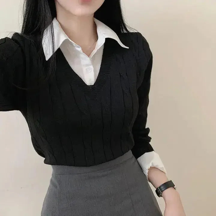 Korean Chic Spring and Autumn Age-Reducing Sweaters Retro Temperament Preppy Fake Two Pieces Shirts Twist Knit Women'S Y2K Tops