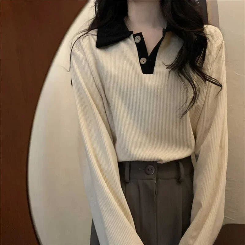 Casual Women T-Shirts Korean Fashion Sweet Preppy Style Tops Female Autumn Long Sleeve Turn down Collar Basic Pullovers Tees