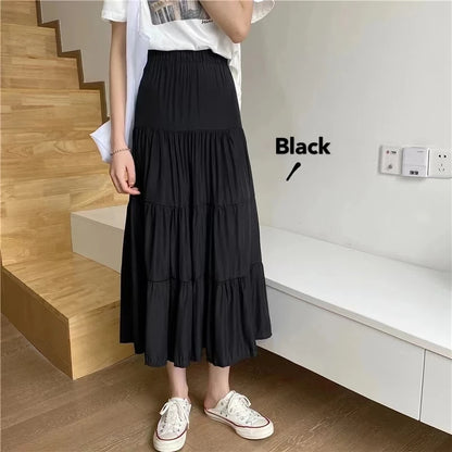 Spring Summer Women Skirts Vintage High Waist Elastic Patchwork White Black Chic Long Cake A-Line Skirt