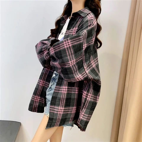 Plaid Shirt Women Autumn Long Sleeve Top Female Vintage Fashion Single Breasted Blouse Ladies Preppy Style Loose Check Shirts