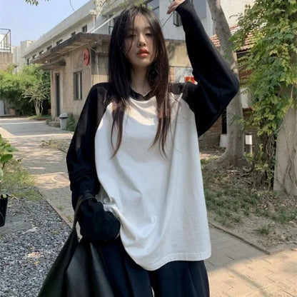 Casual Oversized T Shirt Y2K Tops Harajuku Long Sleeve O-Neck T-Shirts Spring Autumn Black White Patchwork Tees Women Streetwear