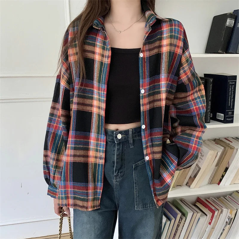 Plaid Shirt Women Autumn Long Sleeve Top Female Vintage Fashion Single Breasted Blouse Ladies Preppy Style Loose Check Shirts