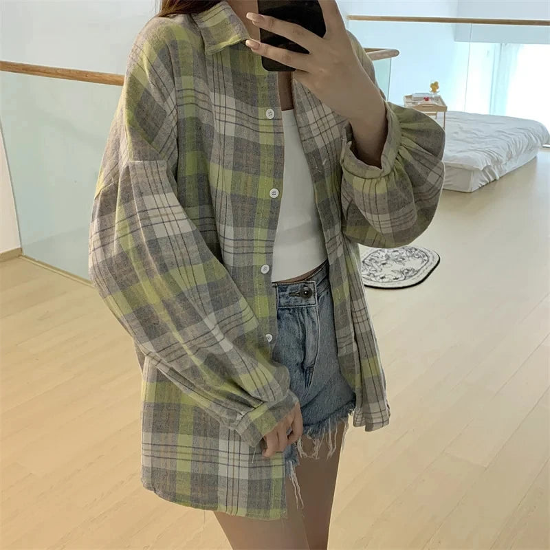 Plaid Shirt Women Autumn Long Sleeve Top Female Vintage Fashion Single Breasted Blouse Ladies Preppy Style Loose Check Shirts