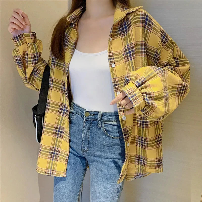 Plaid Shirt Women Autumn Long Sleeve Top Female Vintage Fashion Single Breasted Blouse Ladies Preppy Style Loose Check Shirts