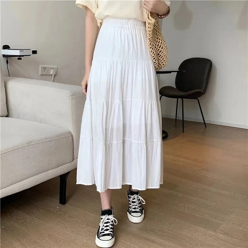 Spring Summer Women Skirts Vintage High Waist Elastic Patchwork White Black Chic Long Cake A-Line Skirt