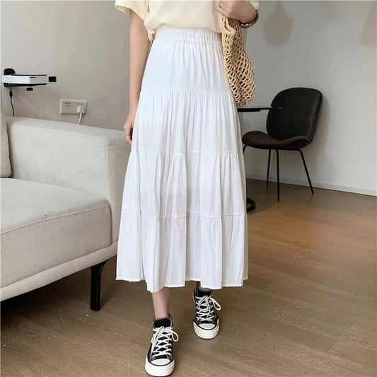 Spring Summer Women Skirts Vintage High Waist Elastic Patchwork White Black Chic Long Cake A-Line Skirt