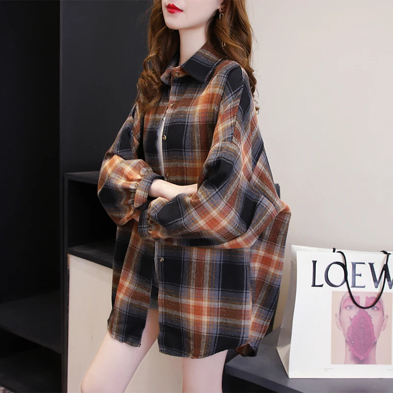 Plaid Shirt Women Autumn Long Sleeve Top Female Vintage Fashion Single Breasted Blouse Ladies Preppy Style Loose Check Shirts