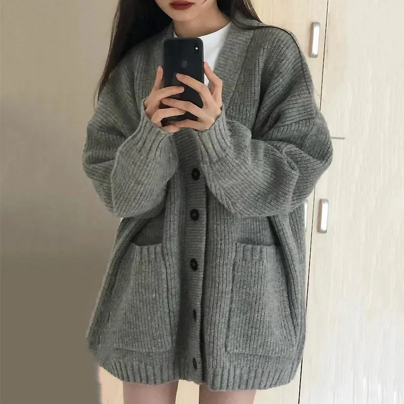 Autumn Winter Women Cardigan Sweater Coats Fashion Female Long Sleeve V-Neck Loose Knitted Jackets Casual Sweater Cardigans