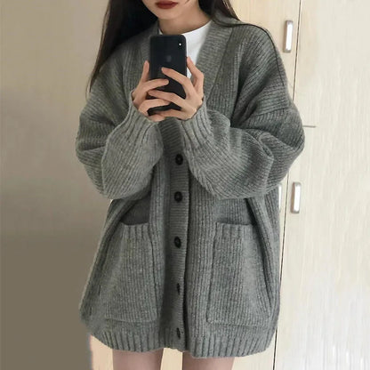 Autumn Winter Women Cardigan Sweater Coats Fashion Female Long Sleeve V-Neck Loose Knitted Jackets Casual Sweater Cardigans