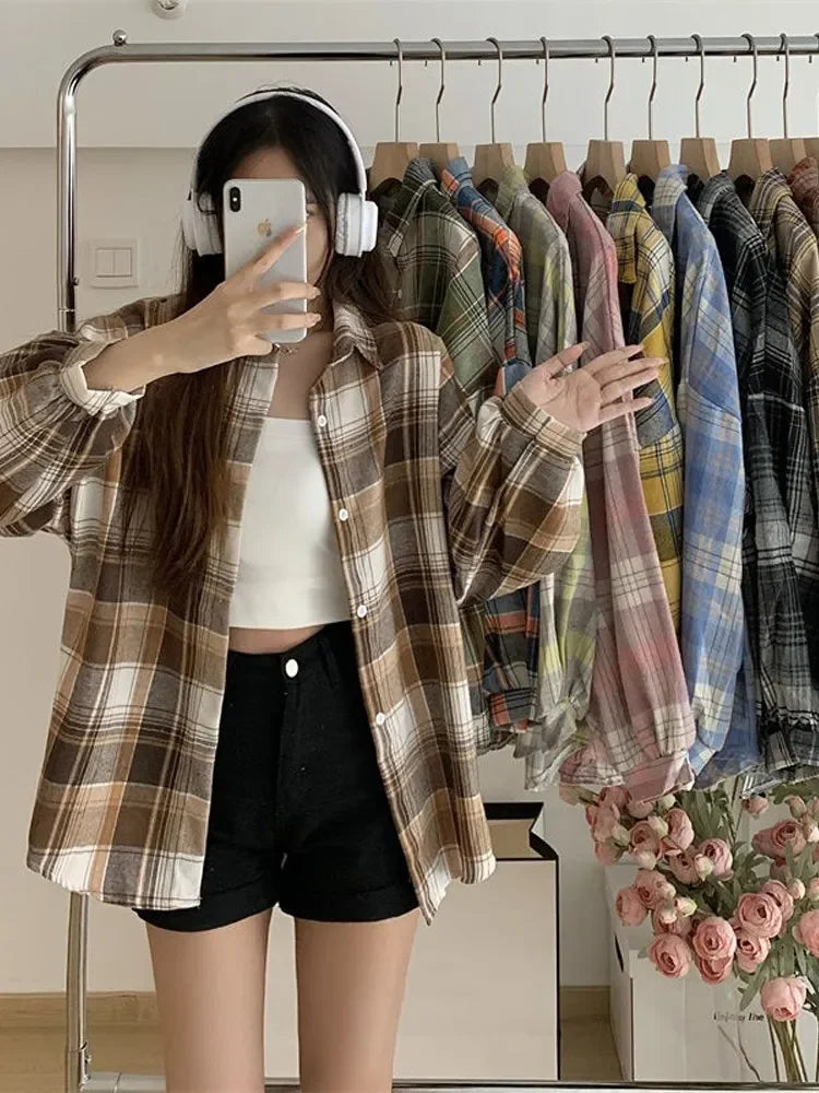 Plaid Shirt Women Autumn Long Sleeve Top Female Vintage Fashion Single Breasted Blouse Ladies Preppy Style Loose Check Shirts