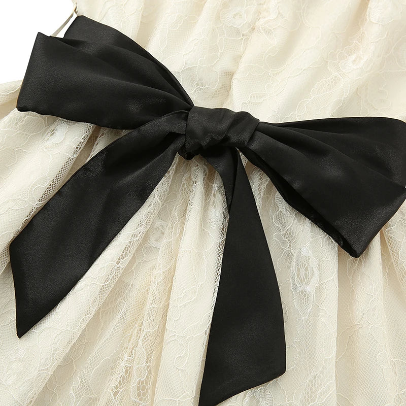 2024 Sweet Fairy Grunge Lace a Line Dresses Summer Women Patchwork Puff Sleeve Kawaii Dress 2000S Aesthetic Outfits