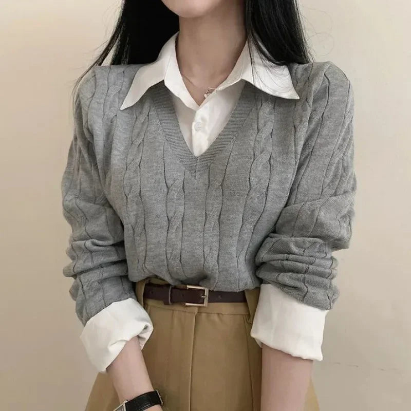 Korean Chic Spring and Autumn Age-Reducing Sweaters Retro Temperament Preppy Fake Two Pieces Shirts Twist Knit Women'S Y2K Tops