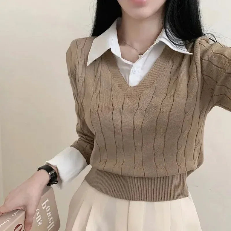 Korean Chic Spring and Autumn Age-Reducing Sweaters Retro Temperament Preppy Fake Two Pieces Shirts Twist Knit Women'S Y2K Tops