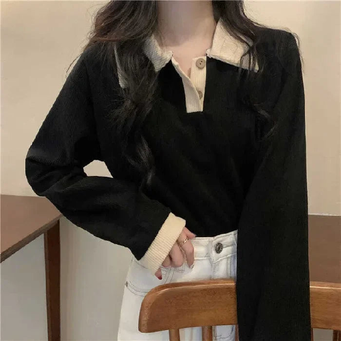 Casual Women T-Shirts Korean Fashion Sweet Preppy Style Tops Female Autumn Long Sleeve Turn down Collar Basic Pullovers Tees