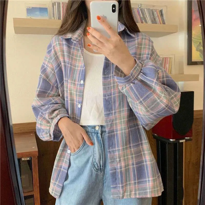 Plaid Shirt Women Autumn Long Sleeve Top Female Vintage Fashion Single Breasted Blouse Ladies Preppy Style Loose Check Shirts