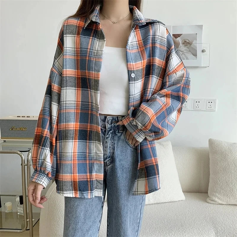 Plaid Shirt Women Autumn Long Sleeve Top Female Vintage Fashion Single Breasted Blouse Ladies Preppy Style Loose Check Shirts