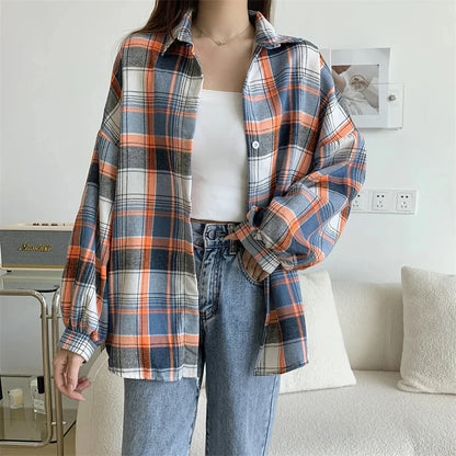 Plaid Shirt Women Autumn Long Sleeve Top Female Vintage Fashion Single Breasted Blouse Ladies Preppy Style Loose Check Shirts