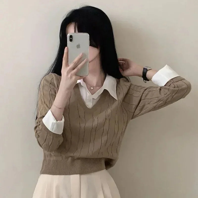 Korean Chic Spring and Autumn Age-Reducing Sweaters Retro Temperament Preppy Fake Two Pieces Shirts Twist Knit Women'S Y2K Tops
