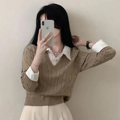 Korean Chic Spring and Autumn Age-Reducing Sweaters Retro Temperament Preppy Fake Two Pieces Shirts Twist Knit Women'S Y2K Tops