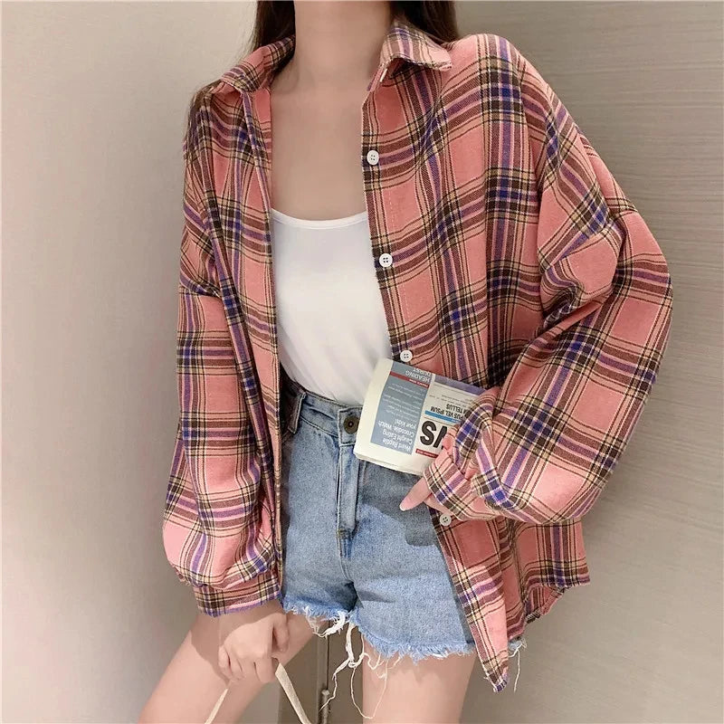 Plaid Shirt Women Autumn Long Sleeve Top Female Vintage Fashion Single Breasted Blouse Ladies Preppy Style Loose Check Shirts