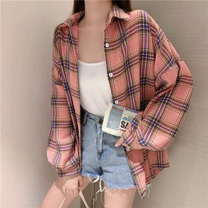 Plaid Shirt Women Autumn Long Sleeve Top Female Vintage Fashion Single Breasted Blouse Ladies Preppy Style Loose Check Shirts