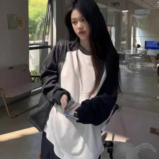 Casual Oversized T Shirt Y2K Tops Harajuku Long Sleeve O-Neck T-Shirts Spring Autumn Black White Patchwork Tees Women Streetwear