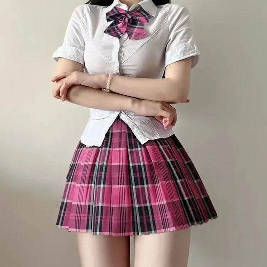 Original College Style Short Sleeve Shirt Waist Inward Half Skirt JK Uniform 2025 Plaid Mini Skirt Women'S Fashion Ensemble