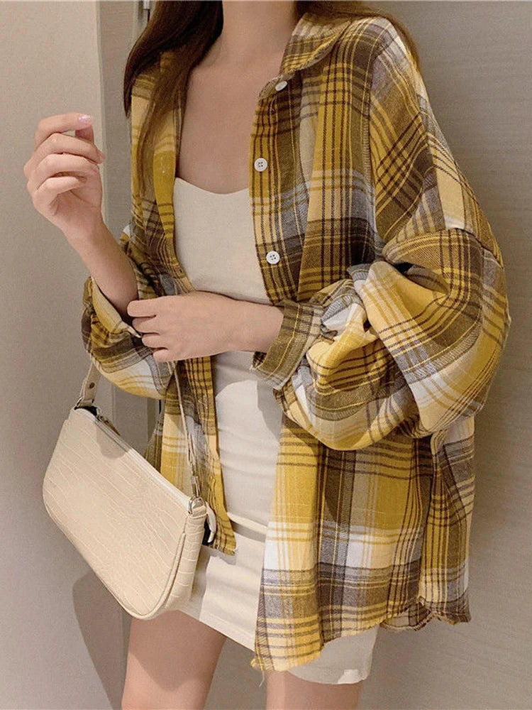 Plaid Shirt Women Autumn Long Sleeve Top Female Vintage Fashion Single Breasted Blouse Ladies Preppy Style Loose Check Shirts