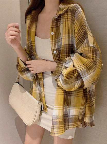 Plaid Shirt Women Autumn Long Sleeve Top Female Vintage Fashion Single Breasted Blouse Ladies Preppy Style Loose Check Shirts