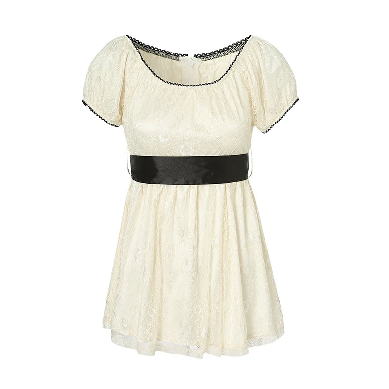 2024 Sweet Fairy Grunge Lace a Line Dresses Summer Women Patchwork Puff Sleeve Kawaii Dress 2000S Aesthetic Outfits