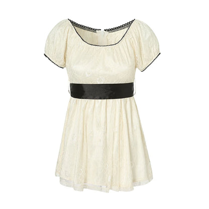 2024 Sweet Fairy Grunge Lace a Line Dresses Summer Women Patchwork Puff Sleeve Kawaii Dress 2000S Aesthetic Outfits