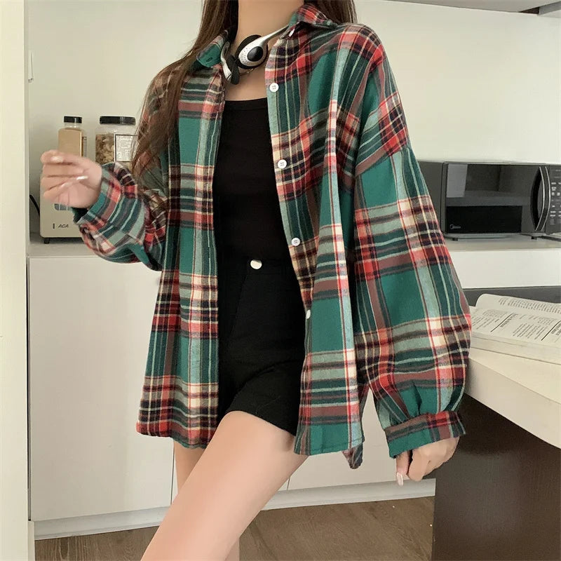 Plaid Shirt Women Autumn Long Sleeve Top Female Vintage Fashion Single Breasted Blouse Ladies Preppy Style Loose Check Shirts